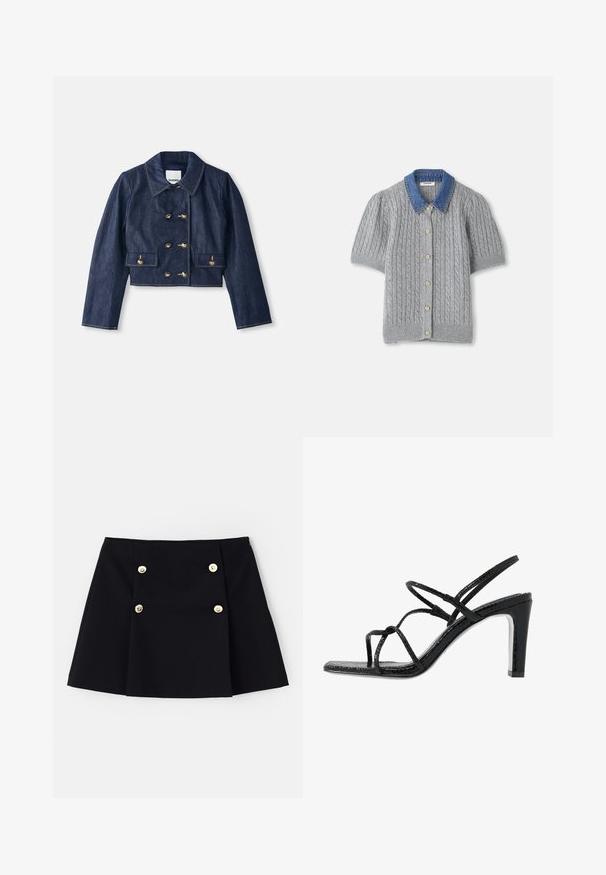 Denimist lühike jakk terava kraega, topelt-nööbiga kuldne sulgemine ja kaks eesmist taskut. Omab kontrastset õmblust.; Hallide halli lühikeste varrukatega kardigan, millel on keerduv muster, denimist krae ja viis kuldset nööpi esiteljel.; Must mustribal, mis vaba elastne kangas, millel on ees kaks kuldset nuppu, volditud disain ja sirge äär.; Mustad mustekad jalanõud õhukeste rihmadega, tekstuuritud pinnaga, avatud varba ja libiseva, terava kontsaga disain. Omab sileda sisesooli ja läikivat pinda.