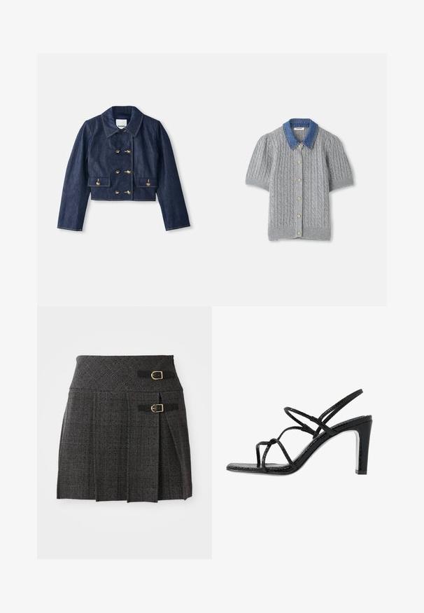 Jeansjacke in Cropped-Form mit spitzem Kragen, doppelreihiger Goldknopfverschluss und zwei Fronttaschen. Mit kontrastierenden Nähten.; Graue gestrickte Kurzarm-Cardigan mit einem Zopfmuster, ausgestattet mit einem Denim-Kragen und fünf goldenen Knöpfen auf der Vorderseite.; Grauer Karorock mit tailliertem Bund, versehen mit doppelten Schnallenakzenten und Falten. Hergestellt aus strukturiertem Stoff mit gewebtem Design.; Schwarze Absatzsandalen mit dünnen Riemen, strukturiertem Finish, offener Zehenpartie und einem eleganten, spitzen Absatzdesign. Verfügt über eine glatte Innensohle und eine glänzende Oberfläche.