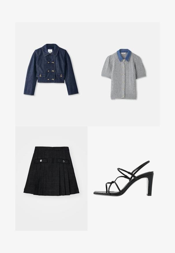 Giacca in denim corta con collare a punta, chiusura doppiopetto con bottoni dorati e due tasche frontali. Presenta impunture a contrasto.; Cardigan corto grigio a maniche corte lavorato a maglia con motivo a treccia, dotato di un colletto in denim e cinque bottoni dorati sul davanti.; Gonna nera plissettata con un sottile motivo a scacchi, due tasche davanti con alette, ciascuna chiusa da un bottone nero, mostrata su uno sfondo bianco.; Sandali neri con tacco alto, dotati di sottili cinturini, finitura testurizzata, punta aperta e un design elegante con tacco affusolato. Presentano una soletta morbida e una superficie lucida.