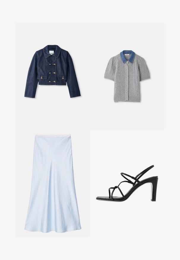 Farmert vívetett cropped dzseki hegyes gallérral, dupla gombos arany gombzárral és két elülső zsebbel. Kontrasztos varrással készül.; Szürke kötött rövid ujjú kardigán, kábelmintával, denevérszárnyú gallérral és öt arany gombbal az elején.; sandro SKYN - A-vonalú szoknya - bleu ciel; Fekete magassarkú szandál vékony pántokkal, texturált felsőrésszel, nyitott orral és karcsú, hegyes sarkú kialakítással. Simább talpbélével és fényes felületével rendelkezik.