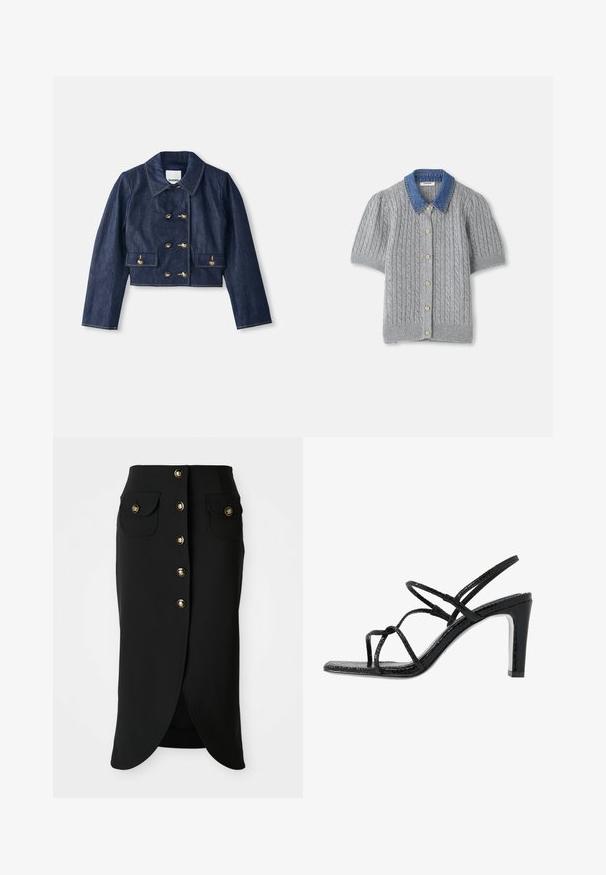 Jeansjakke med kort lengde, spiss krage, dobbel konklusion med gullknapper og to frontlommer. Har kontrasterende søm.; Grå strikket kortermet cardigan med kabelmønster, med en denimkrage og fem gullknapper foran.; Sort med kneelengde laget av glatt stoff, med fremre knapplukking, to sidelommer og høy splitt bak. Gullknappe-detaljer.; Svarte hæler med tynne stropper, teksturert finish, åpen tå og et glatt, spisst hældesign. Har en myk innersåle og en blank overflate.