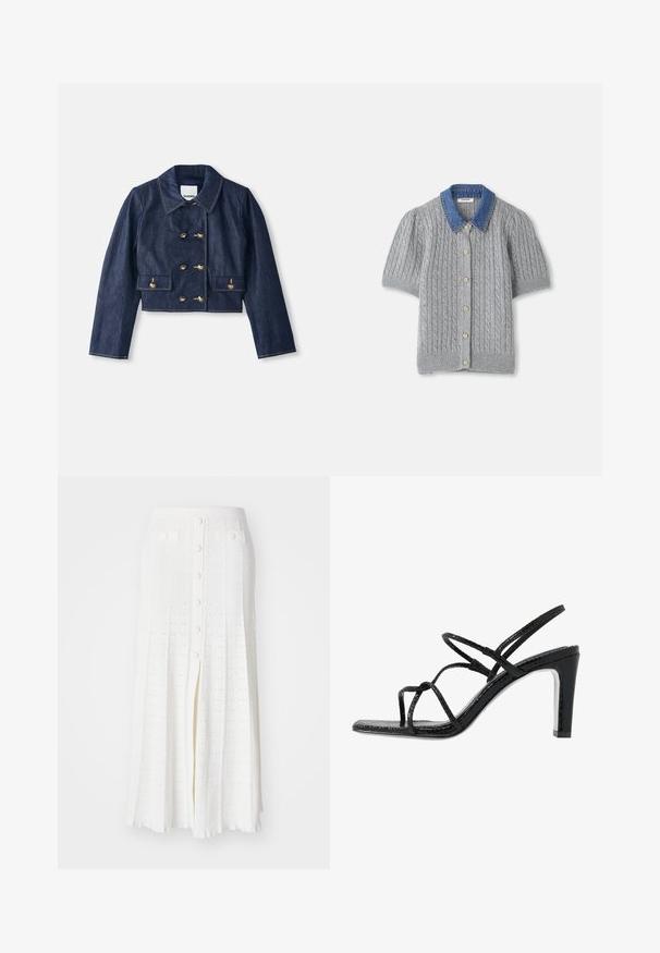 Dżinsowa kurtka typu cropped z dumnym kołnierzem, podwójnym zapięciem na złote guziki oraz dwiema kieszeniami z przodu. Posiada kontrastowe przeszycia.; Szary, dzianinowy kardigan na krótki rękaw z wzorem w warkocze, z denimu kołnierzem i pięcioma złotymi guzikami z przodu.; Biała spódnica midi z teksturowanym wzorem w warkocze, z rozporkiem z przodu, zapięciem na guziki i dwiema kieszeniami z przodu.; Czarne sandały na obcasie z cienkimi paskami, teksturowanym wykończeniem, otwartym palcem oraz eleganckim, spiczastym kształtem obcasa. Posiadają gładką wkładkę oraz błyszczącą powierzchnię.