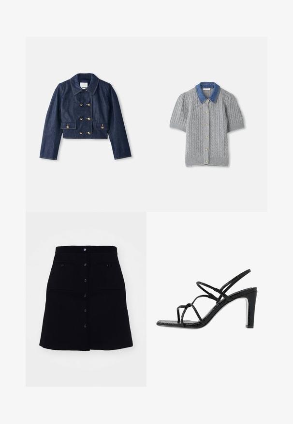 Jeansjakke med kort lengde, spiss krage, dobbel konklusion med gullknapper og to frontlommer. Har kontrasterende søm.; Grå strikket kortermet cardigan med kabelmønster, med en denimkrage og fem gullknapper foran.; sandro JUPE TRAPEZE POCHES - A-line skjørt - noir; Svarte hæler med tynne stropper, teksturert finish, åpen tå og et glatt, spisst hældesign. Har en myk innersåle og en blank overflate.