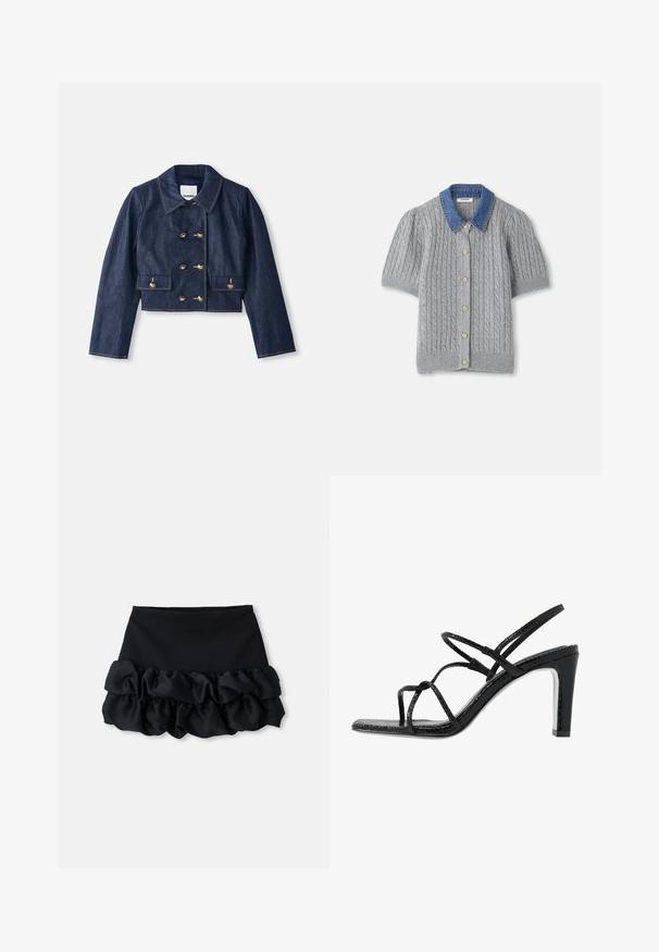 Džínová skrátená bunda s špicatým golierom, dvojradovým zapínaním na zlaté gombíky a dvomi prednými vreckami. Obsahuje kontrastné šitie.; Sivý pletený cardigan s krátkym rukávom, zdobený káblovým vzorom, s džínsovým golierom a piatimi zlatými gombíkmi na prednej strane.; Čierna mini sukňa s priliehavým topom a tromi vrstvami volánikovej textílie na spodnej časti, s hladkou štruktúrou a čistými líniami.; Čierne sandále na podpätku s tenkými pásikmi, štruktúrovaným povrchom, otvorenou špičkou a elegantným, špicatým dizajnom podpätku. Majú hladkú stélku a lesklý povrch.