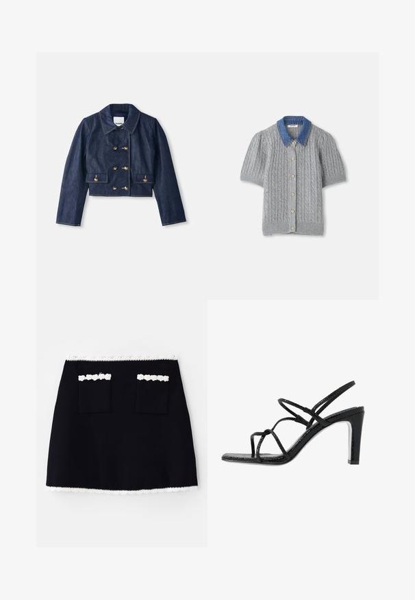 Denimist lühike jakk terava kraega, topelt-nööbiga kuldne sulgemine ja kaks eesmist taskut. Omab kontrastset õmblust.; Hallide halli lühikeste varrukatega kardigan, millel on keerduv muster, denimist krae ja viis kuldset nööpi esiteljel.; Must have mustrik, millel on valge pitsääris, kahel esisel taskul pitsiaksendid. Sile tekstuur, A-löök.; Mustad mustekad jalanõud õhukeste rihmadega, tekstuuritud pinnaga, avatud varba ja libiseva, terava kontsaga disain. Omab sileda sisesooli ja läikivat pinda.