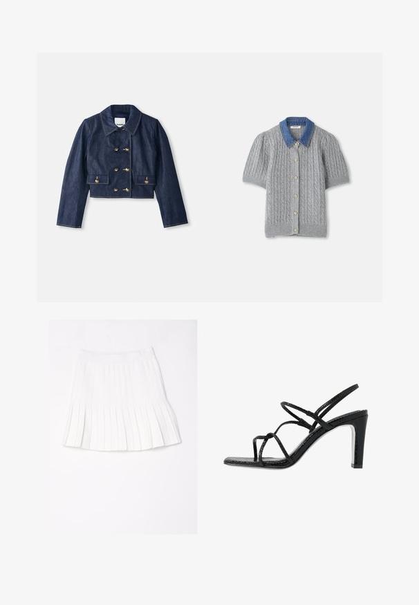 Veste en denim cropped avec un col pointu, fermeture à double boutonnage avec des boutons dorés, et deux poches avant. Présente des coutures contrastées.; Cardigan gris en tricot à manches courtes avec un motif en treillis, doté d'un col en denim et de cinq boutons dorés sur le devant.; Jupe plissée blanche avec une large ceinture, présentée à plat sur un fond blanc.; Sandales noires à talons avec des fines lanières, une finition texturée, bout ouvert et un design de talon pointu et élégant. Équipées d'une semelle intérieure lisse et d'une surface brillante.