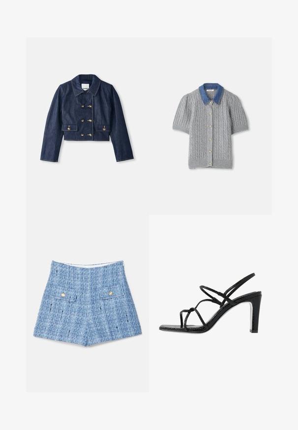 Veste en denim cropped avec un col pointu, fermeture à double boutonnage avec des boutons dorés, et deux poches avant. Présente des coutures contrastées.; Cardigan gris en tricot à manches courtes avec un motif en treillis, doté d'un col en denim et de cinq boutons dorés sur le devant.; Shorts en tweed bleu avec une surface texturée, dotés de deux poches avant avec des boutons dorés et d'une coupe élégante et ajustée.; Sandales noires à talons avec des fines lanières, une finition texturée, bout ouvert et un design de talon pointu et élégant. Équipées d'une semelle intérieure lisse et d'une surface brillante.