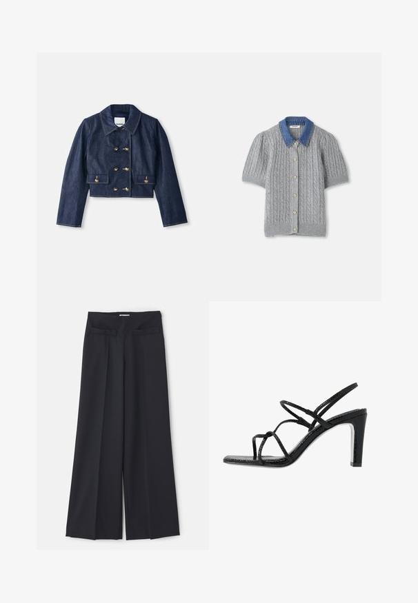 Denim cropped jacket with a pointed collar, double-breasted gold button closure, and two front pockets. Features contrasting stitching.; Gray knitted short-sleeve cardigan with a cable pattern, featuring a denim collar and five gold buttons down the front.; Black wide-leg trousers with pleated front, two side pockets, and a smooth, textured fabric. Clean lines and tailored fit.; Black heeled sandals with thin straps, a textured finish, open toe, and a sleek, pointed heel design. Features a smooth insole and a shiny surface.