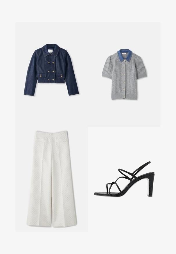 Veste en denim cropped avec un col pointu, fermeture à double boutonnage avec des boutons dorés, et deux poches avant. Présente des coutures contrastées.; Cardigan gris en tricot à manches courtes avec un motif en treillis, doté d'un col en denim et de cinq boutons dorés sur le devant.; sandro PANTALON - Pantalon classique - ecru; Sandales noires à talons avec des fines lanières, une finition texturée, bout ouvert et un design de talon pointu et élégant. Équipées d'une semelle intérieure lisse et d'une surface brillante.