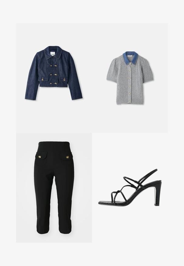 Farmert vívetett cropped dzseki hegyes gallérral, dupla gombos arany gombzárral és két elülső zsebbel. Kontrasztos varrással készül.; Szürke kötött rövid ujjú kardigán, kábelmintával, denevérszárnyú gallérral és öt arany gombbal az elején.; Fekete, slim-fit nadrág, két elülső zsebbel, arany gombokkal, sima textúrával és rövidített hosszal. Klasszikus dizájn, sokoldalú viselethez.; Fekete magassarkú szandál vékony pántokkal, texturált felsőrésszel, nyitott orral és karcsú, hegyes sarkú kialakítással. Simább talpbélével és fényes felületével rendelkezik.