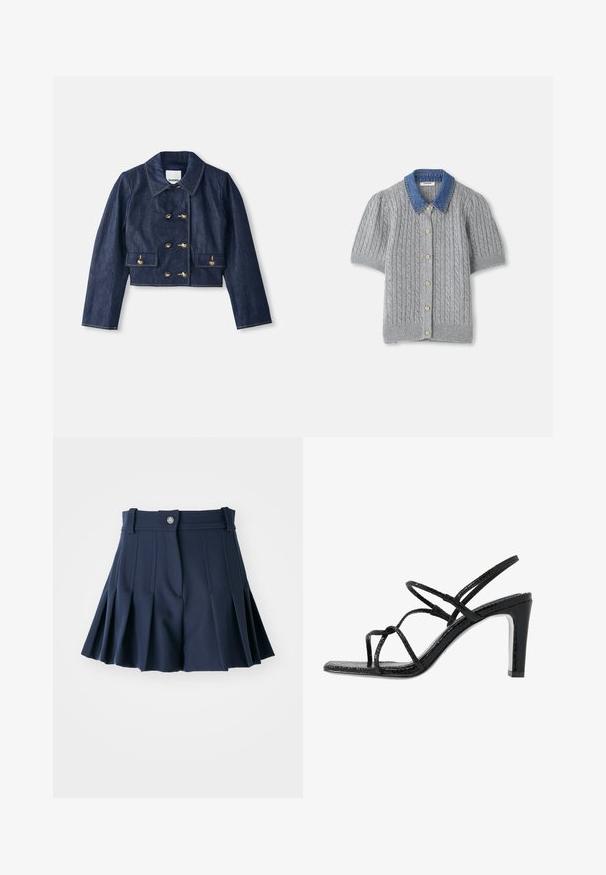 Denimo trumpas švarkas su smailiu apykakle, dvigubų auksinių sagų užtrauktuku ir dviem priekiniuose kišenėse. Yra kontrastingos siūlės.; Pilkas megztas trumpomis rankovėmis kardiganas su pynimo raštu, turintis džinsinį apykaklę ir penkis auksinius mygtukus priekyje.; Jūriniai klostuoti šortai su juosmeniu, puošti priekiniais sagtais ir konstruoti pagal fasoną. Pagaminti iš lygaus audinio, tinkami kasdieniam dėvėjimui.; Juodi aukšti sandalai su plonomis dirželėmis, tekstūruotu paviršiumi, atvira kojų pirštų dalimi ir elegantišku, smailiu kulnu. Yra lygus įdėklas ir blizgus paviršius.
