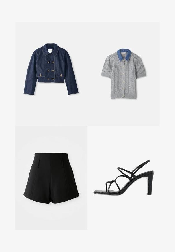 Jeansjacka i kort modell med spetsig krage, dubbelknäppt guldknappsstängning och två framfickor. Har kontraststickning.; Grå stickad kortärmad cardigan med ett flätmönster, med en denimkrage och fem guldfärgade knappar fram.; Höghöftade svarta shorts i ett mjukt tyg, med två framfickor, en skräddarsydd passform och rena, enkla linjer.; Svarta klacksandaler med tunna remmar, en strukturerad yta, öppen tå och en elegant, spetsig klackdesign. Har en slät innersula och en glänsande yta.