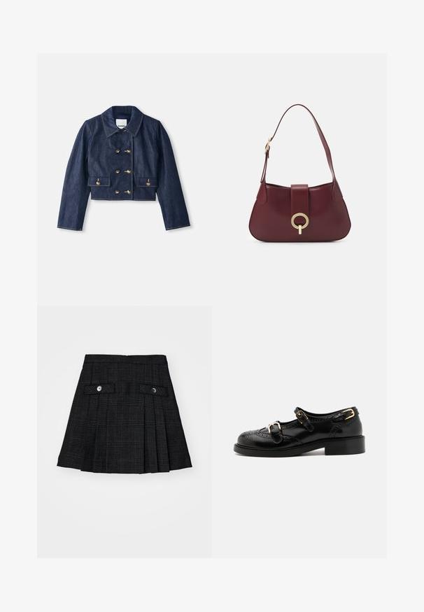 Dżinsowa kurtka typu cropped z dumnym kołnierzem, podwójnym zapięciem na złote guziki oraz dwiema kieszeniami z przodu. Posiada kontrastowe przeszycia.; Brązowa i zielona koszula w kratkę z białym kołnierzykiem, długimi rękawami, zapięciem na guziki z przodu oraz jedną kieszenią na piersi; cechuje się delikatną teksturą i zaokrąglonym hemem.; Czarna plisowana spódnica z delikatnym wzorem w kratkę, z dwiema przednimi kieszeniami z klapami, każda z zabezpieczeniem czarnym guzikiem, wyeksponowana na białym tle.; Czarne skórzane buty z detalami brogu, z dwoma klamrami, okrągłym noskiem i niskim obcasem. Gładka tekstura z błyszczącym wykończeniem.; Burgundowa skórzana torebka w kształcie zakrzywionym, z złotym okrągłym akcentem ozdobnym i pojedynczym paskiem na ramię. Gładka powierzchnia, minimalistyczny design.