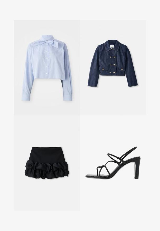 Jachetă din denim scurtă cu guler ascuțit, închidere cu butoane aurii duble și două buzunare frontale. Prezintă cusături contrastante.; Bluză scurtă din bumbac cu carouri mici albastre și albe, cu mâneci lungi, închidere cu nasturi, guler înalt și un detaliu mare sub formă de fundă.; Fustă mini neagră cu un top ajustat și trei straturi de material plisat în partea de jos, având o textură netedă și linii curate.; Sandale negre cu toc, cu barete subțiri, finisaj texturat, vârful deschis și un design elegant al tocului ascuțit. Au o talpă interioară netedă și o suprafață strălucitoare.