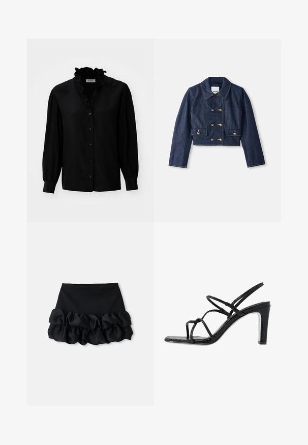 Dżinsowa kurtka typu cropped z dumnym kołnierzem, podwójnym zapięciem na złote guziki oraz dwiema kieszeniami z przodu. Posiada kontrastowe przeszycia.; Czarna bluzka z falbaniastym dekoltem w kształcie litery V, długimi bufkami i zapięciem na guziki. Wykonana z gładkiego materiału z delikatnym połyskiem.; Czarna mini spódnica z dopasowanym topem i trzema warstwami falban u dołu, o gładkiej teksturze i prostych liniach.; Czarne sandały na obcasie z cienkimi paskami, teksturowanym wykończeniem, otwartym palcem oraz eleganckim, spiczastym kształtem obcasa. Posiadają gładką wkładkę oraz błyszczącą powierzchnię.