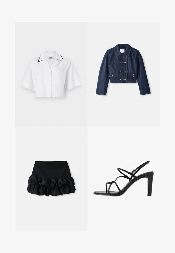 Denim krakots žakets ar norādītu apkakli, divrindu zelta pogu aizdari un divām priekšējām kabatām. Iezīmē kontrastējoša šūšana.; Balts īsais krekls ar īsām piedurknēm, pogu aizdare, krūšu kabata un melna apdare gar apkakli. Izgatavots no viegla, elpojoša auduma.; Melnā mini svārki ar piegulīgu augšu un trim ruffles slāņiem apakšā, ar gludu tekstūru un tīrām līnijām.; Melnas papēžu siksniņas ar plānām siksnām, teksturētu apdari, atvērtu purngalu un elegantu, smailu papēdi. Iezīmē gludu iekšējo daļu un spīguļojošu virsmu.