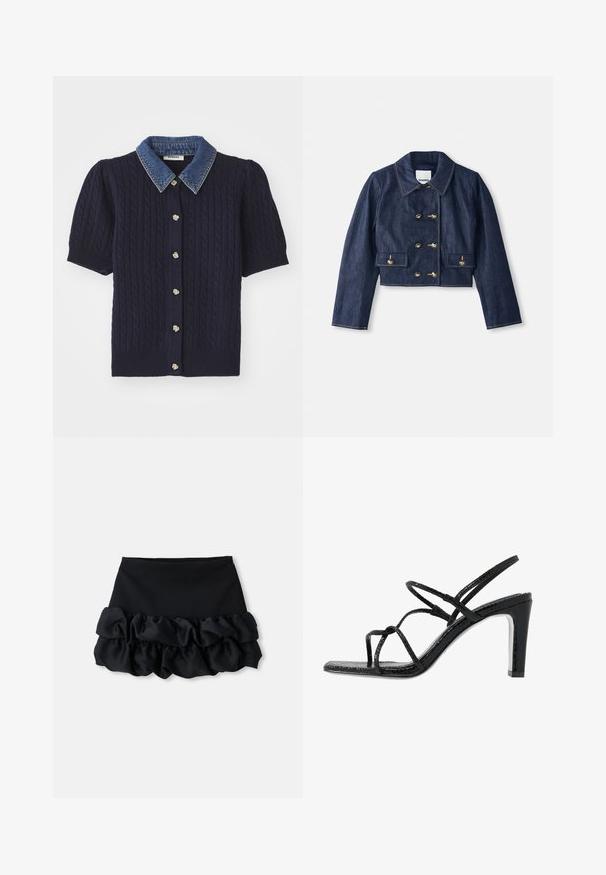 Denimist lühike jakk terava kraega, topelt-nööbiga kuldne sulgemine ja kaks eesmist taskut. Omab kontrastset õmblust.; Tume sinine kudumisse pusa lühikeste puffvarrukatega, millel on teksakangast krae ja kuldsed nööbid edaspidi. Kabe-kudumise tekstuur üle kogu pusa.; Mustmust valge mini-seelik, millel on sobituv ülemine osa ja kolm kihti volangidega kangast allosas, sujuva tekstuuri ja puhaste joontega.; Mustad mustekad jalanõud õhukeste rihmadega, tekstuuritud pinnaga, avatud varba ja libiseva, terava kontsaga disain. Omab sileda sisesooli ja läikivat pinda.