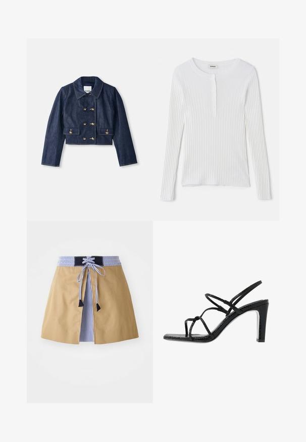 Džínová skrátená bunda s špicatým golierom, dvojradovým zapínaním na zlaté gombíky a dvomi prednými vreckami. Obsahuje kontrastné šitie.; Biely dlhý rukáv rebrovaný top s okrúhlym výstrihom a radom malých gombíkov na prednej strane. Hladká textura s priliehavým strihom.; Béžová sukňa s modrým pruhovaným opaskom, s predným viazaním a čiernymi akcentmi. Hladká tkanina, stredná dĺžka a prispôsobený strih.; Čierne sandále na podpätku s tenkými pásikmi, štruktúrovaným povrchom, otvorenou špičkou a elegantným, špicatým dizajnom podpätku. Majú hladkú stélku a lesklý povrch.