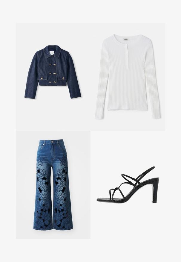 Denimo trumpas švarkas su smailiu apykakle, dvigubų auksinių sagų užtrauktuku ir dviem priekiniuose kišenėse. Yra kontrastingos siūlės.; Baltas ilgas rankovėmis raukšlėtas marškinėliai su apvaliu iškirpimu ir eile mažų mygtukų priekyje. Lygus audinys su prigludusia forma.; Denimo plačiai prailginti džinsai su gėlių siuvinėjimu ir išpjovomis ant kojų. Yra šviesiai tamsiai mėlynos spalvos gradientas ir klasikinis penkių kišenių dizainas.; Juodi aukšti sandalai su plonomis dirželėmis, tekstūruotu paviršiumi, atvira kojų pirštų dalimi ir elegantišku, smailiu kulnu. Yra lygus įdėklas ir blizgus paviršius.