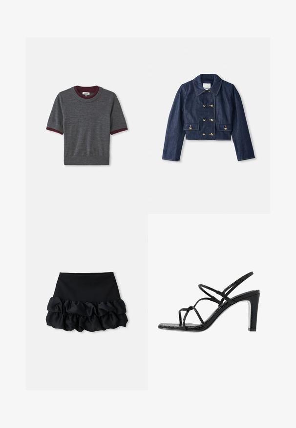 Jachetă din denim scurtă cu guler ascuțit, închidere cu butoane aurii duble și două buzunare frontale. Prezintă cusături contrastante.; Pulover gri cu mânecă scurtă, cu o guler și margini de mânecă ribbate în nuanță de vișinie; realizat dintr-un material moale, cu un design ajustat și o ușoară textură.; Fustă mini neagră cu un top ajustat și trei straturi de material plisat în partea de jos, având o textură netedă și linii curate.; Sandale negre cu toc, cu barete subțiri, finisaj texturat, vârful deschis și un design elegant al tocului ascuțit. Au o talpă interioară netedă și o suprafață strălucitoare.