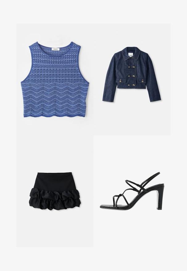 Jachetă din denim scurtă cu guler ascuțit, închidere cu butoane aurii duble și două buzunare frontale. Prezintă cusături contrastante.; Top scurt, în nuanțe de albastru, cu modele texturate în zigzag și valuri, având un decolteu rotund și un tiv finisat.; Fustă mini neagră cu un top ajustat și trei straturi de material plisat în partea de jos, având o textură netedă și linii curate.; Sandale negre cu toc, cu barete subțiri, finisaj texturat, vârful deschis și un design elegant al tocului ascuțit. Au o talpă interioară netedă și o suprafață strălucitoare.