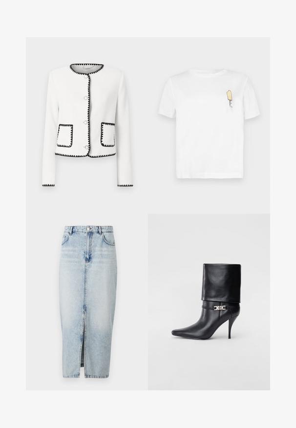 Fehér textúrájú dzseki fekete, csipkés díszítéssel, kerek ezüst gombokkal és két elülső zsebbel, amelyeken az akcentusok megegyeznek.; Fehér pamut rövid ujjú póló, minimalista, hímzett sárga jégkrém grafikával a bal mellrészen.; Világoskék farmer szoknya elöl hasítékkal, magas derékkal, öt zsebbel és látható varrással. Klasszikus dizájn és sima textúra jellemzi.; Fekete bőr bokacsizma hegyes orral, magas stiletto sarokkal, hajtott szegéllyel és arany díszcsattal a bokán.