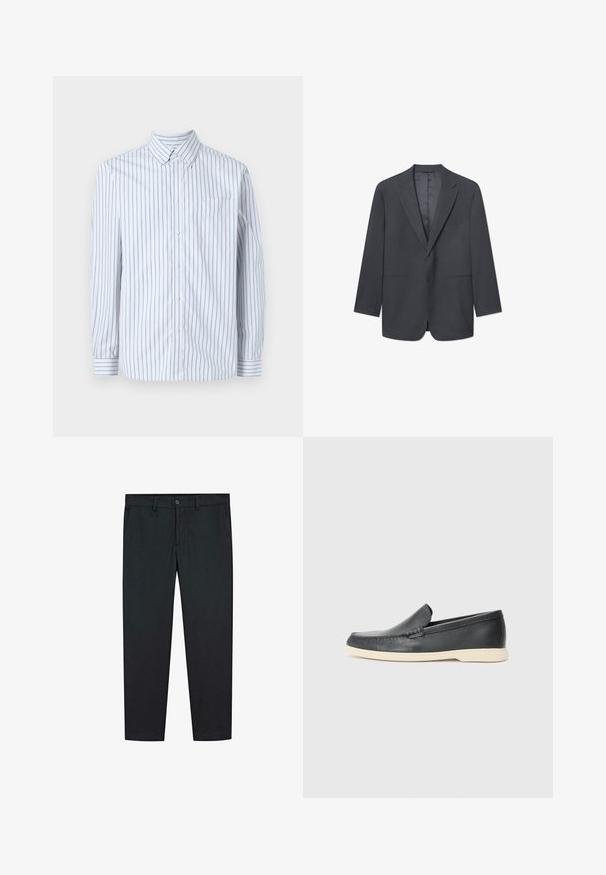 Dark gray men's blazer with notch lapels, single-button closure, two front pockets, and a smooth interior lining. Tailored fit.; Long-sleeve button-up shirt in light blue and white striped cotton fabric, featuring a chest pocket and button-down collar.; Black trousers with a straight leg design, made of smooth fabric. Features two front pockets and a button closure at the waist.; Black leather slip-on loafers with a textured finish and a contrasting beige rubber sole. Features a subtle accent along the front.