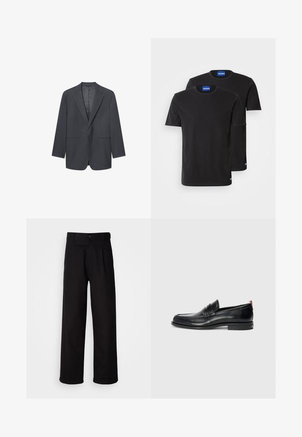 Sötétszürke férfi zakó, lecsípett hajtókával, egygombos zárással, két elülső zsebbel és sima bélésű belső résszel. Testhezálló fit.; Két fekete pamut póló kerek nyakkivágással, rövid ujjakkal és kék "HUGO" felirattal a gallérokon és az oldalsó szegélyeken.; Fekete nadrág sima anyagból, egyenes szárú kialakítással, elején pliszével és egy gombos záródással a deréknál.; Fekete bőrlábbeli, letisztult dizájnnal, kerek orral, textúrált díszítéssel a vádlin és gumitalppal a tapadás érdekében. Hátul húzófül is található.