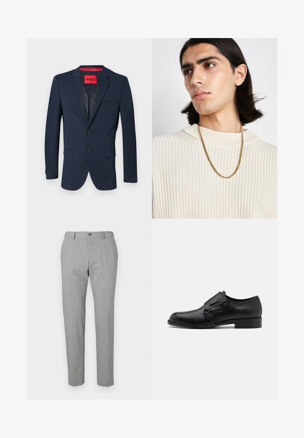 Sötétkék zakó, két gombbal, éles hajtókákkal és egyetlen mellzsebbel. A belső oldalán piros címke található "HUGO" logóval. Simább textúra.; Fehér, hosszú ujjú, gombos ing, pamutból készült, klasszikus gallérral, elöl gombokkal és minimalista varrási részletekkel.; Szürke nadrág, amely textúrált anyagból készült, gombos záródással, testre szabott fazonnal és egyenes szárú kialakítással.; Fekete bőrcipő, dupla csattal, letisztult sziluettel és kerek orral. Alacsony sarka és sima felülete van.; Aranylánc nyaklánc egy krém színű bordázott kötött pulóver fölött; puha textúra, magas gallér és finom minta a szövetben.