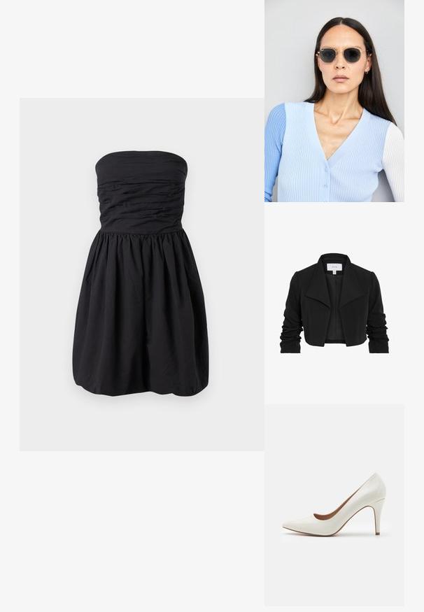Jachetă neagră scurtă, dintr-un material neted, cu un guler lat, mâneci lungi cu volane și un design deschis în față.; Rochie neagră fără bretele, având material plisat la bust și o fustă evazată. Fabricată dintr-un material ușor, cu o textură netedă.; Cămașă de lac alb cu toc înalt, cu vârful ascuțit și o suprafață netedă, având un toc subțire și o deschidere tăiată jos.; Ochelari de soare rotunzi cu lentile întunecate și rame aurii. Modelul poartă un cardigan ribbed de culoare albastru deschis cu nasturi și mâneci albe în contrast.