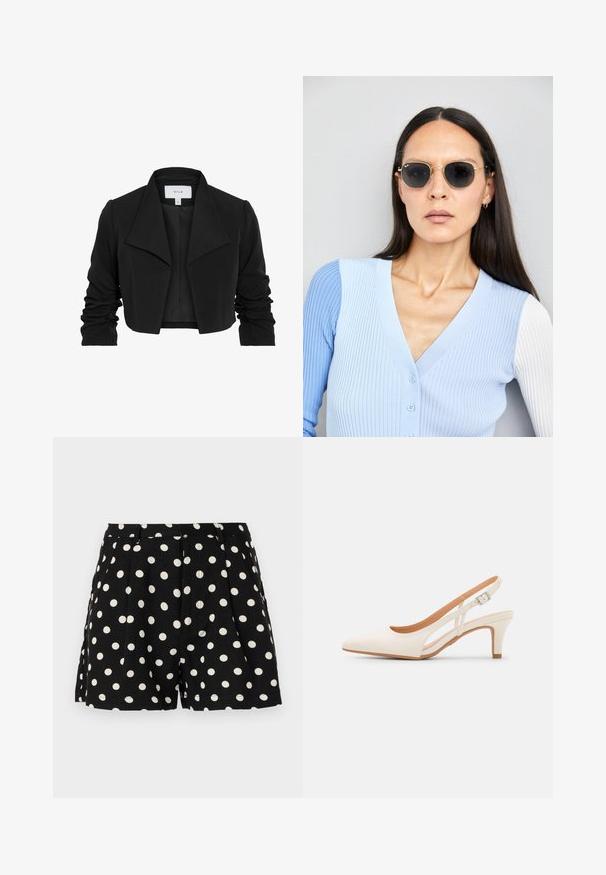 Czarna krótka kurtka wykonana z gładkiego materiału, z szerokim kołnierzem, marszczonymi długimi rękawami oraz otwartym przodem.; Biała poszewka na poduszkę o gładkiej, miękkiej fakturze, w kształcie prostokąta i z wyraźnymi brzegami, zaprojektowana do standardowych rozmiarów poduszek.; Czarne szorty w białe kropki, z plisami z przodu i bocznymi kieszeniami. Wykonane z lekkiego materiału.; Biała szpilka slingback z ostrym noskiem, gładkim materiałem wierzchnim, niskim obcasem blokowym oraz wycięciami po bokach i regulowanym paskiem z klamrą.; Okrągłe okulary przeciwsłoneczne z ciemnymi soczewkami i złotymi ramkami. Modelka nosi jasnoniebieski kardigan w prążki z guzikami i białymi rękawami w kontrastowym kolorze.