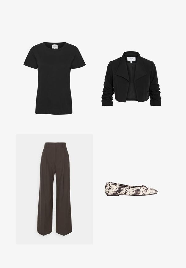 Čierna skrátená bunda vyrobená z hladkej tkaniny, má široký golier, riasené dlhé rukávy a otvorený predný dizajn.; Čierne bavlnené tričko s okrúhlym výstrihom, krátkymi rukávmi a rovnou spodnou časťou. Tkanina má hladkú textúru, bez viditeľných vzorov alebo akcentov.; Tmavohnedé široké nohavice s vysokým pásom, ktoré majú úhľadne prežehlené záhyby, hladkú textúru a strih na mieru.; Čiernobiele baletky s bodkami a malou mašľou na zaoblenom špičke a nízkym podpätkom, zobrazené zo strany na bielom pozadí.