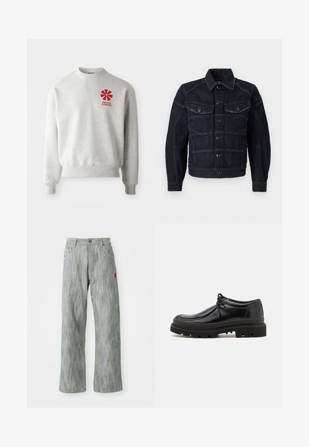 Tummansininen farkkutakki, jossa on napitettu etuosa, kaksi rintataskua ja erivärinen ommel. Rakenne on muotoiltu klassisella kauluksella ja pitkillä hihoilla.; Vaaleanharmaa collegepaita, jossa on ribbaus hihansuissa ja helmassa. Vasemmassa rinnassa on punainen graafinen logo. Valmistettu pehmeästä kankaasta.; Vaaleanharmaat suorat denim-housut, joissa on etu- ja takataskut, nappikiinnitys ja pieni punainen kangastunnus oikealla puolella.; Mustat nahkakengät Derby-tyyliin, jossa on tyylikäs muotoilu, pyöreä kärki ja teksturoitu kumipohja, jossa on syviä uria pidon parantamiseksi.