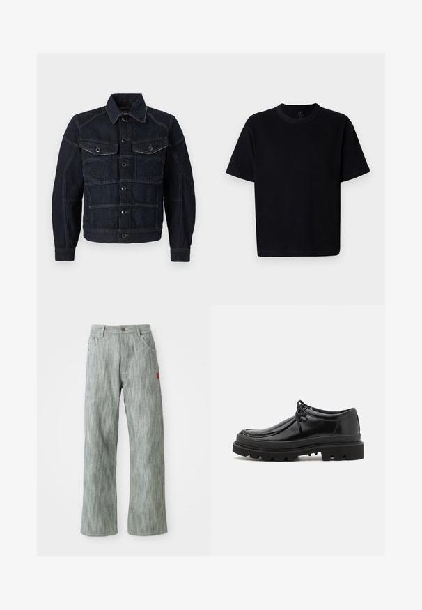 Giubbotto in denim scuro con chiusura a bottoni, due tasche sul petto e cuciture a contrasto. Design strutturato con colletto classico e maniche lunghe.; Maglietta nera in cotone con scollatura rotonda, maniche corte e taglio dritto. Presenta cuciture minime e una texture morbida e liscia.; Pantaloni in denim grigio chiaro a gamba dritta con tasche frontali e posteriori, chiusura a pulsante e un piccolo etichetta in stoffa rossa sul lato destro.; Scarpe derby in pelle nera con un design elegante, punta arrotondata e suola in gomma texturizzata con profonde scanalature per una presa migliore.