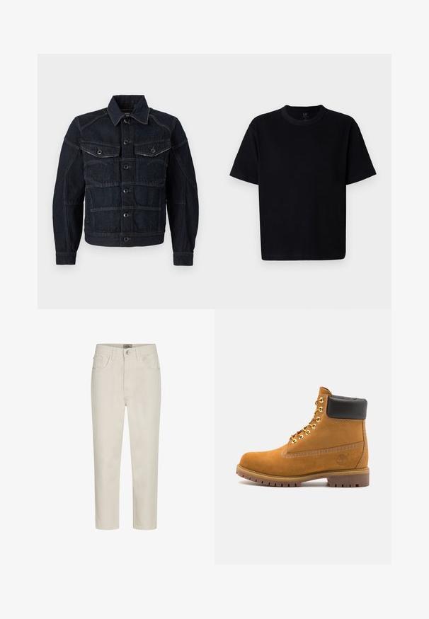 Temno jeans jakna s sprednjim zapenjanjem na gumbe, dvema prsno žepoma in kontrastnim šivom. Strukturirana zasnova s klasičnim ovratnikom in dolgimi rokavi.; Črna bombažna majica s krojem okoli vratu, kratkimi rokavi in ravnim krojem. Ima minimalno šivanje in mehko, gladko teksturo.; Bež džins hlače ravnog kroja s prednjim dugmetom, petljama za pojas i dizajnom s pet džepova, prikazane na bijeloj pozadini.; Svetlo rjave anklne čizme iz semiša z črnim oblazinjenim ovratnikom, zlatimi kovinskimi očesci, belimi šivi in robustnim gumijastim podplatom s izrazitimi tredi.