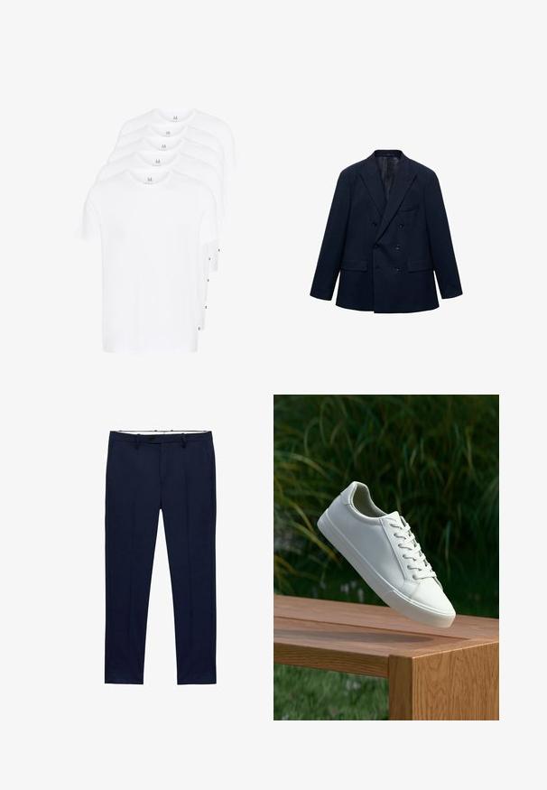 Dwurzędowa granatowa marynarka z klapami, czterema kieszeniami z przodu i czarnymi guzikami, zaprezentowana na białym tle.; Białe koszulki z krótkim rękawem ułożone w stos, wykonane z bawełny. Posiadają okrągły dekolt i prosty krój. Materiał wydaje się gładki, bez wzorów.; Granatowe spodnie o dopasowanym kroju z prążkowanym wzorem. Posiadają zamek błyskawiczny, szlufki na pasek oraz kieszenie z przodu. Gładka faktura materiału.; Białe sneakersy sznurowane unoszące się nad drewnianą ławką z zielonymi liśćmi w tle, ukazujące wzór i teksturę buta.