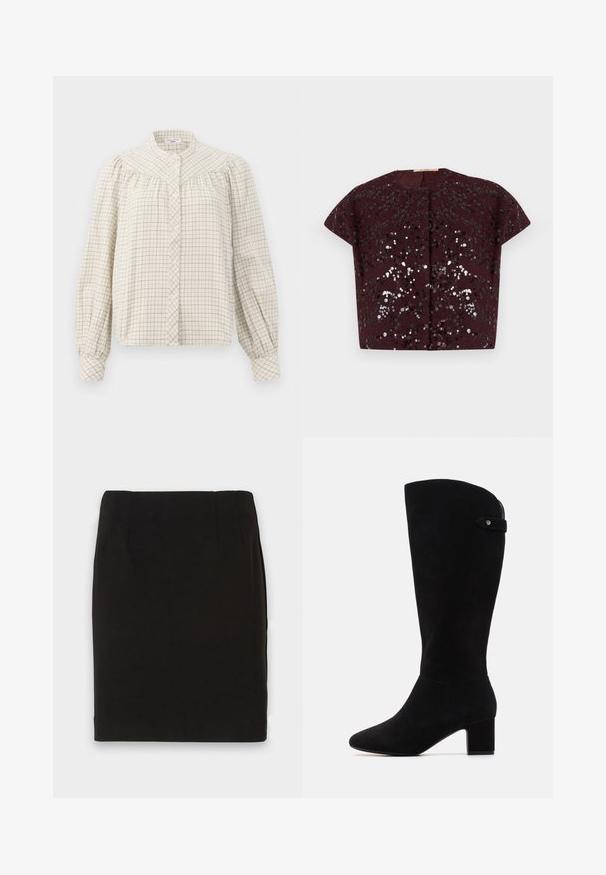 Short sleeve cropped jacket in dark burgundy with shiny black and silver sequins forming a floral pattern on textured fabric.; Long-sleeve blouse in cream with a grid pattern. Features a mandarin collar and button closure, with gathered fabric at shoulders.; Black knee-length pencil skirt with a straight hem and subtle seam details at the waistband against a white background.; Black suede knee-high boots with a pointed toe and block heel. Features a smooth texture and a simple design, with a side strap accent.