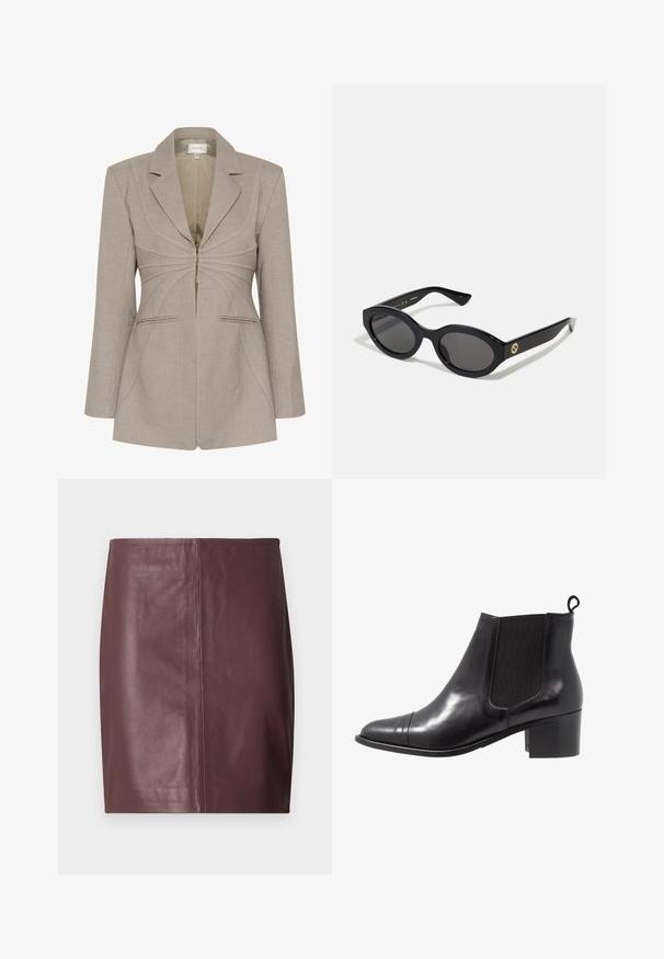 Blazer beige ajusté avec fermeture éclair, revers taillés, et couture blanche contrastante. Comprend deux poches avant et une coupe structurée.; Pull gris court avec un large col, des manches longues et un tissu tricoté doux et texturé. Design simple, sans motifs ni embellissements.; Jupe crayon en cuir marron foncé avec un devant droit et lisse, accentué par des coutures verticales discrètes au centre.; Botte de cheville en cuir noir avec des panneaux élastiques sur les côtés, bout rond et talon en bloc texturé. Dispose d'une languette en boucle à l'arrière pour un enfilage facile.; Lunettes de soleil ovales noires avec des verres sombres et une monture en plastique brillant. Présente un logo doré sur la branche, offrant un design épuré et moderne.