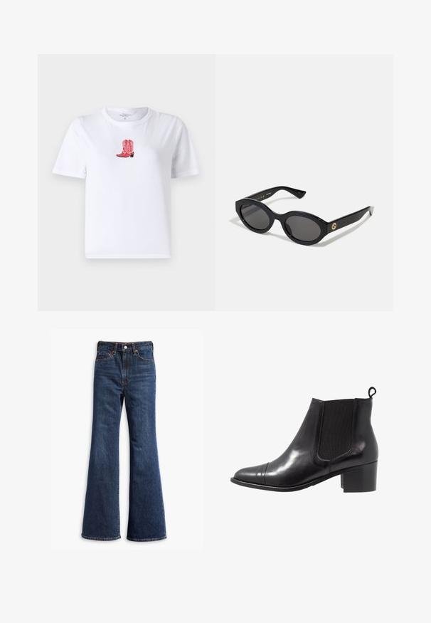 Beige tailored blazer with a zip closure, sharp lapels, and contrasting white stitching. Features two front pockets and a structured fit.; White cotton t-shirt featuring red cowboy boot embroidery at the center. Short sleeves, round neckline, and lightweight texture.; High-waisted dark blue denim jeans with flared legs, front button and zipper closure, and five-pocket design.; Black leather ankle boot with elastic side panels, round toe, and textured block heel. Features a looped pull tab at the back for easy wear.; Black oval sunglasses with dark lenses and glossy plastic frame. Features gold logo on the temple, offering a sleek and modern design.