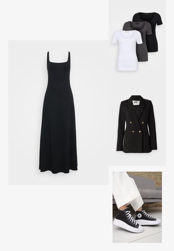 ONLY Tall ONLASTRID LIFE - Blazer - black; Robe maxi noire sans manches avec un décolleté carré, fabriquée en tissu lisse et extensible, dotée d'un corsage ajusté et d'une jupe fluide.; Trois T-shirts ajustés en blanc, gris et noir. Chacun présente un décolleté large et des manches courtes. Fabriqués en tissu lisse et extensible.; Baskets montantes en toile noire avec semelles et lacets en caoutchouc blanc. Elles présentent un logo circulaire sur le côté et un contraste de coutures blanches.