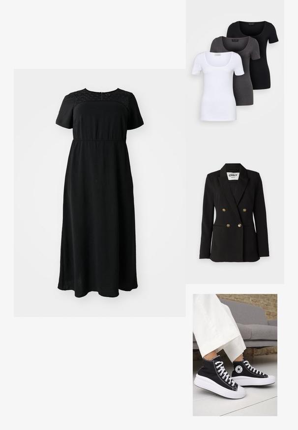 ONLY Tall ONLASTRID LIFE - Suknjič - black; Črna maksi obleka s kratkimi rokavi, ki ima čipkast detajl na zgornjem delu, okroglo ovratnico in zbrano pas za sproščen fit.; Tri prilegla majica v beli, sivi in črni barvi. Vsaka ima širok izrez na vratu in kratke rokave. Narejene so iz gladkega, raztegljivega materiala.; Črne platnene visoke superge z belimi gumijastimi podplati in vezalkami. Imajo krožni logotip na strani in kontrastno bele šive.