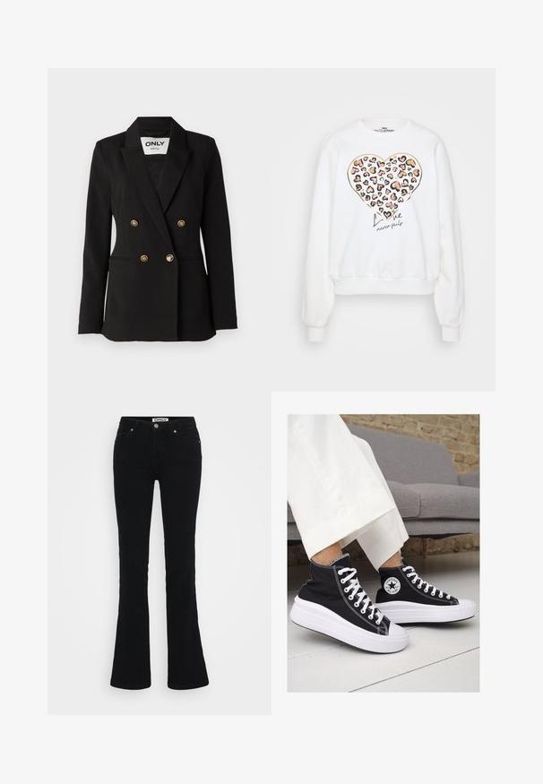 ONLY Tall ONLASTRID LIFE - Bleiseri - black; Valkoinen collegepaita, jossa on leopardikuosisydän, kultaisilla ääriviivoilla korostettuna, ja teksti "Rakkaus ei koskaan epäonnistu" mustalla käsinkirjoitetulla fontilla.; Mustat levenevät farkut, valmistettu farkkukankaasta, jossa on klassinen viiden taskun muotoilu, hopeiset yksityiskohdat ja nappikiinnitys vyötäröllä.; Mustat kangaskengät korkealla varrella, joissa on valkoiset kumipohjat ja nauhat. Sivussa on pyöreä logo ja kontrastiväriset valkoiset tikkausommellut.