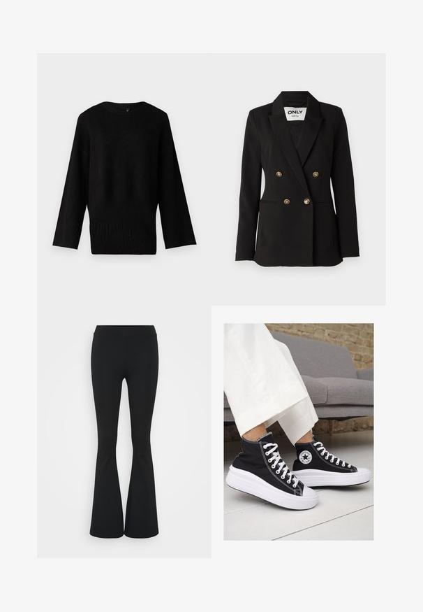 ONLY Tall ONLASTRID LIFE - Blazer - black; Suéter negro de punto con un escote amplio y redondo, mangas largas y dobladillo acanalado. La textura parece suave y ligeramente elástica.; Pantalones negros de campana hechos de una tela elástica, con una cintura alta y una textura suave. Los pantalones se ensanchan desde la rodilla.; Zapatillas altas de lona negra con suelas y cordones de goma blanca. Presentan un logo circular en el lateral y costuras blancas en contraste.