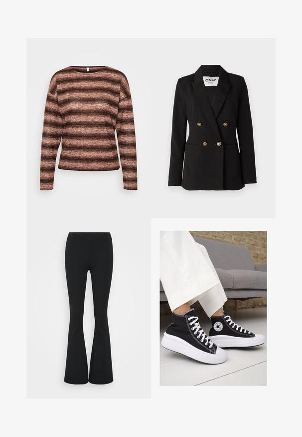 ONLY Tall ONLASTRID LIFE - Blazer - black; Brun og rosa stribet trøje med lange ærmer lavet af blødt, tekstureret stof, med vid halsudskæring og afslappet pasform.; Svarte flared bukser laget av elastisk stoff, med høy midje og en glatt tekstur. Buksene vidder ut fra kneet.; Sorte lerrets høy-top sneakers med hvite gummisulinger og snørebånd. Har et rundt logo på siden og kontrasterende hvite sting.