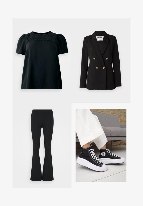 ONLY Tall ONLASTRID LIFE - Blazer - black; Black short-sleeve top featuring a textured lace panel on the round neckline, with a loose fit and soft fabric. Back closure detail present.; Black flared pants made of stretchy fabric, featuring a high waistband and a smooth texture. The pants flare out from the knee.; Black canvas high-top sneakers with white rubber soles and laces. Features a circular logo on the side and contrasting white stitching.