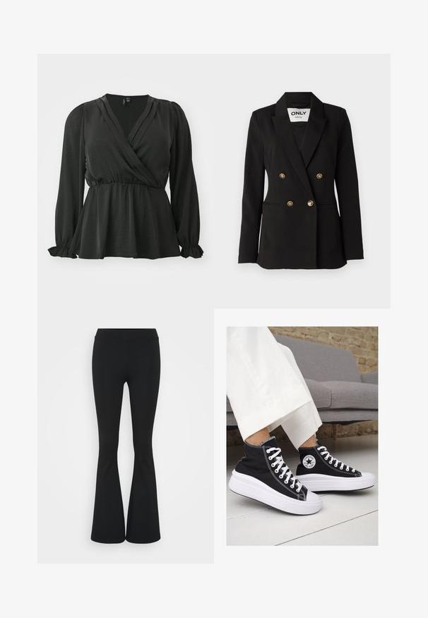 ONLY Tall ONLASTRID LIFE - Blézer - black; Vero Moda Curve VMCMARY SMOCK - Blúz - black; Fekete harangszárú nadrág, rugalmas anyagból készült, magas derékkal és sima felülettel. A nadrág a térdtől kezdve bővül.; Fekete vászon magas szárú tornacipők fehér gumitalppal és fűzővel. Az oldalon egy kör alakú logó található, és kontrasztos fehér varrásokkal rendelkezik.