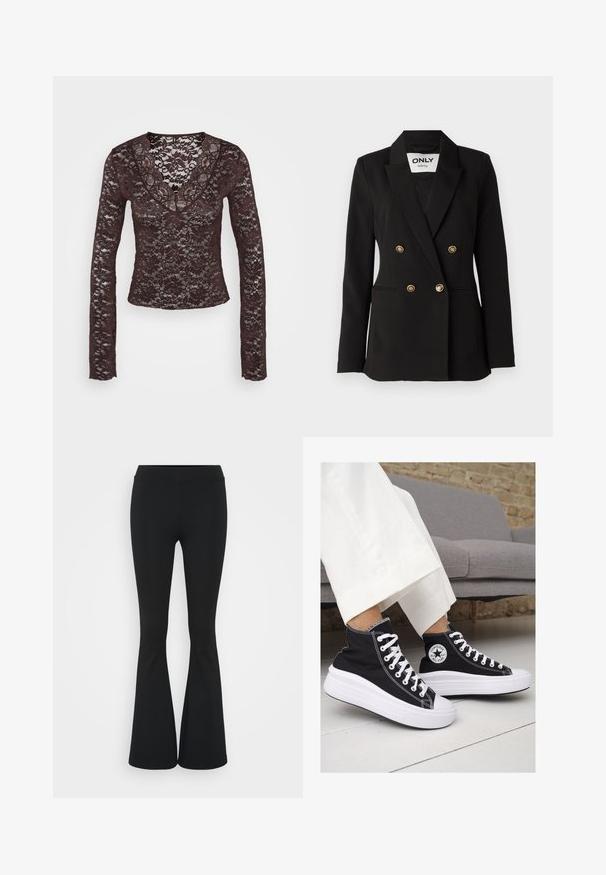 ONLY Tall ONLASTRID LIFE - Blazer - black; Langärmliges braunes Spitzenoberteil mit tiefem V-Ausschnitt, floralen Mustern und tailliertem Design. Weicher, strukturierter Stoff mit filigranen Details.; Schwarze, ausgestellte Hosen aus dehnbarem Material mit hohem Bund und glatter Textur. Die Hose weitet sich ab dem Knie.; Schwarze Canvas-Hochtop-Sneakers mit weißen Gummisohlen und Schnürsenkeln. Mit einem runden Logo an der Seite und kontrastierendem weißen Nähten.