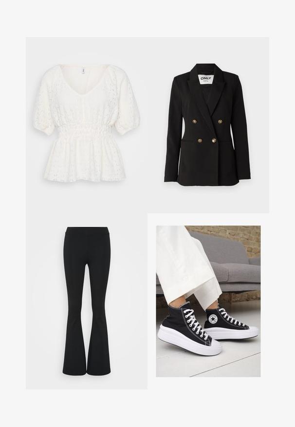 ONLY Tall ONLASTRID LIFE - Bleiser - black; Valge pluus V-kaelusega, lühikeste puffvarrukatega, smock-öötisega ja tekstuurse pitsimustriga. Kerge ja õhuline kangas.; Mustad flared püksid venivast kangast, kõrge vöökoht ja sile tekstuur. Püksid laienevad põlve kohalt.; Mustad musträgiga kõrge vars sneakerid valgete kummist tallade ja paeltega. Küljel on ringikujuline logo ja kontrastne valge õmblus.