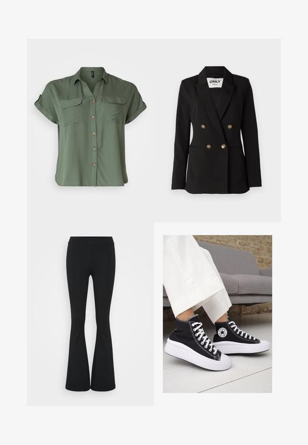 ONLY Tall ONLASTRID LIFE - Blazer - black; Kurzärmeliges, olivgrünes Hemd mit Knopfleiste aus glattem Stoff, ausgestattet mit zwei Brusttaschen und kontrastierenden Knopfdetails.; Schwarze, ausgestellte Hosen aus dehnbarem Material mit hohem Bund und glatter Textur. Die Hose weitet sich ab dem Knie.; Schwarze Canvas-Hochtop-Sneakers mit weißen Gummisohlen und Schnürsenkeln. Mit einem runden Logo an der Seite und kontrastierendem weißen Nähten.