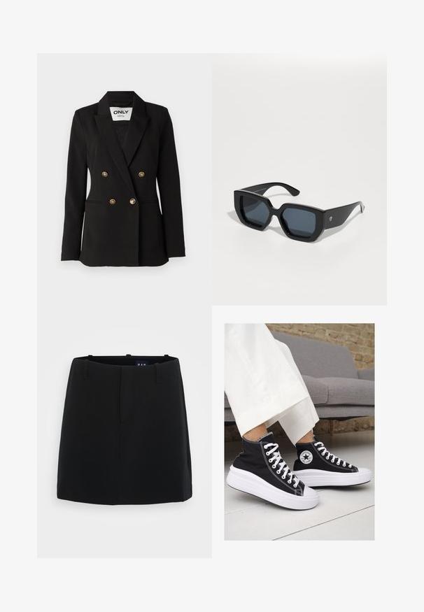 ONLY Tall ONLASTRID LIFE - Suknjič - black; Tri prilegla majica v beli, sivi in črni barvi. Vsaka ima širok izrez na vratu in kratke rokave. Narejene so iz gladkega, raztegljivega materiala.; Črna krilna s gladkim tekstilom, minimalistična zasnova, dve sprednji žepi in dolžina do sredine stegen. V pasu so zanke za pas.; Črne platnene visoke superge z belimi gumijastimi podplati in vezalkami. Imajo krožni logotip na strani in kontrastno bele šive.; Črne velike sončne očala z geometrijskim dizajnom, pravokotnimi lečami in sijočo površino. Brez vidne blagovne znamke spredaj.